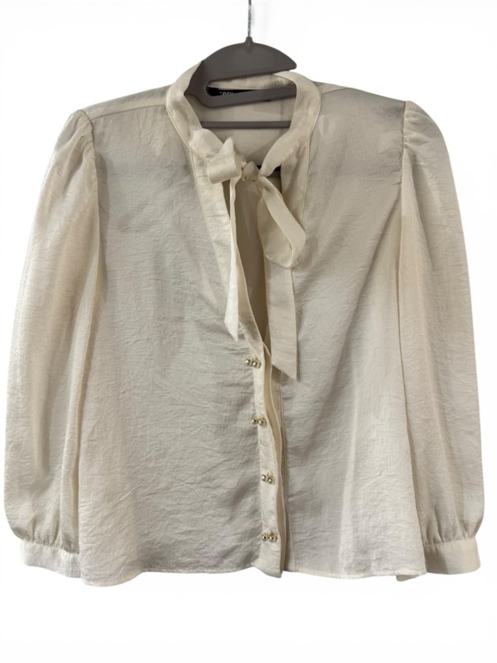 Zara Women’s Cream Tie-Neck Blouse with Pearl Buttons - Size XS